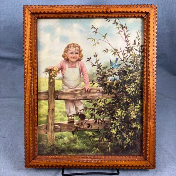 Tramp Art Works Antique Carved Wood Chip Frame 1930s Adelaide Hiebel Bluebird - Picture 2 of 10